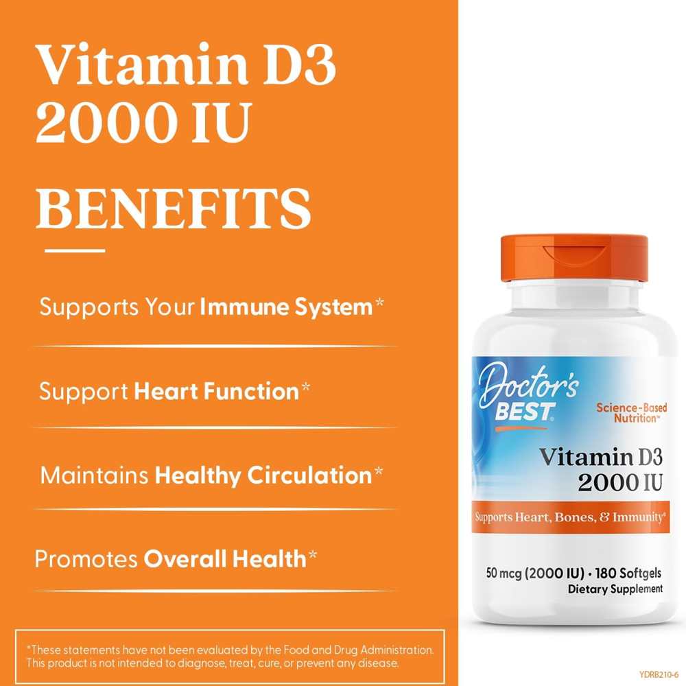 Doctor's Best Vitamin D3 50mcg (2000 Iu) Veggie Softgels 180 Count