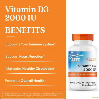 Doctor's Best Vitamin D3 50mcg (2000 Iu) Veggie Softgels 180 Count