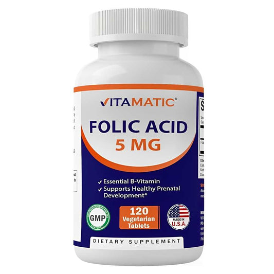 Vitamatic Folic Acid 5mg – Essential B-Vitamin for Prenatal Health, 120 Vegetarian Tablets