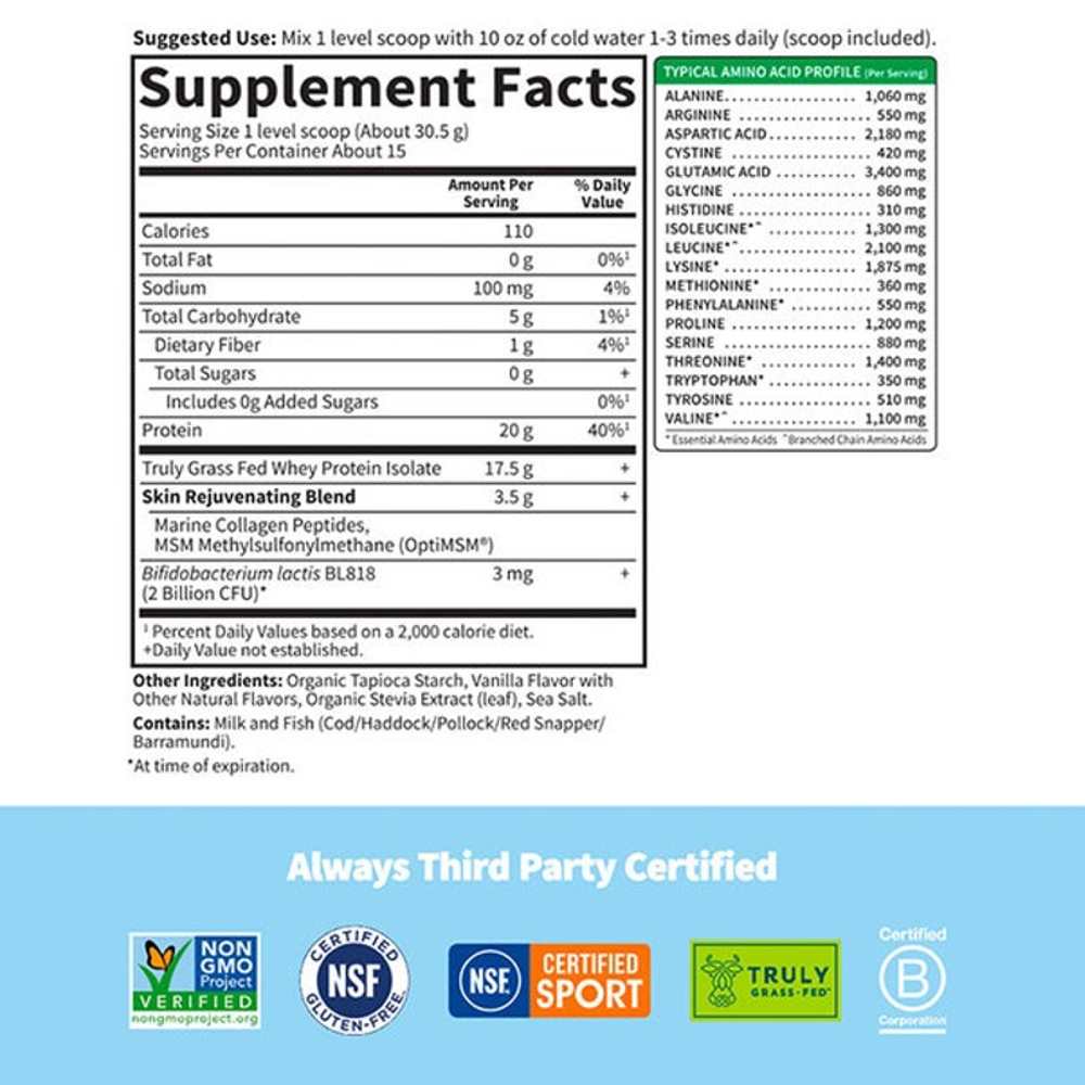 Garden of Life Sport Grass Fed Whey+ Skin Protein Powder - Vanilla 457g