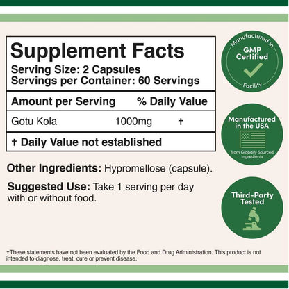 Double Wood Gotu Kola – 1000mg Herbal Support for Focus, Circulation & Skin | 120 Capsules