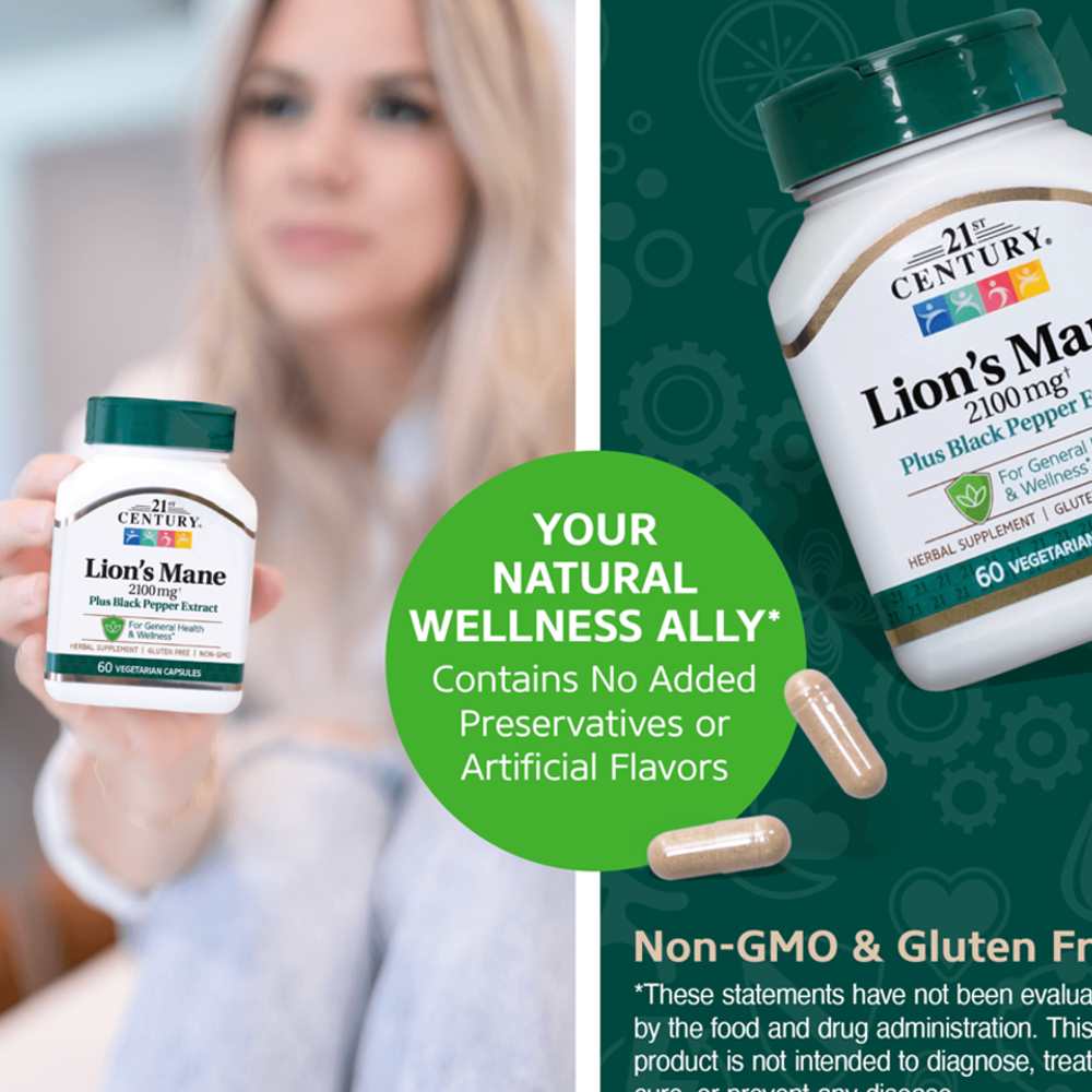 21st Century Lion's Mane 2100 Mg Plus Black Pepper Extract 60 Caps