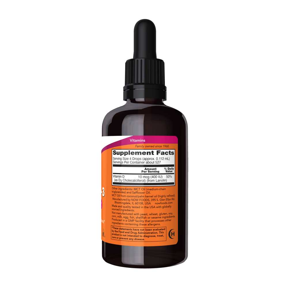 Now Foods Liquid Vitamin D-3 – 400 Iu per 4 Drops – Bone Upport – 2 Fl Oz
