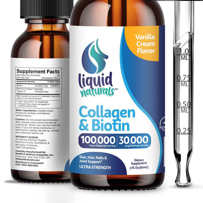 Liquid Naturals Collagen & Biotin – 100,000 Mcg + 30,000 Mcg | Ultra Strength Liquid | 2 Fl Oz