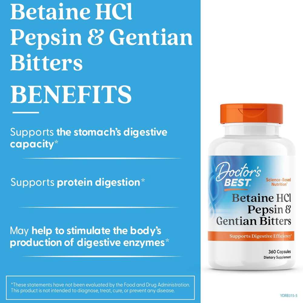 Doctor's Best Betaine H Cl, Pepsin and Gentian Bitters, 360 Capsules