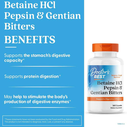Doctor's Best Betaine H Cl, Pepsin and Gentian Bitters, 360 Capsules