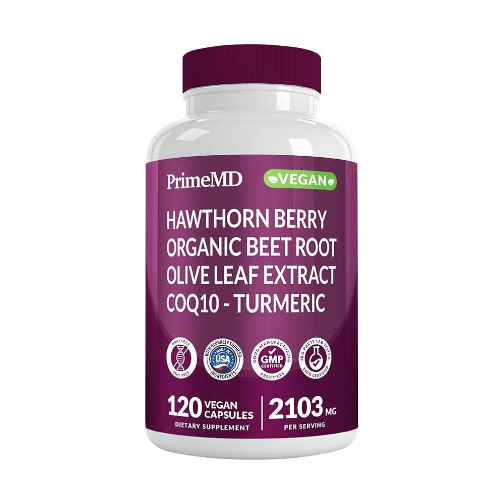 PrimeMD Hawthorn Berry Organic Beet Root Olive Leaf Extract Coq10 - Turmeric 120 Caps