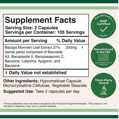 Double Wood Baco Mind™ – 300mg Clinically Studied Bacopa Monnieri | 210 Capsules