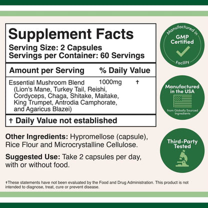 Double Wood Supplements – Mushroom Max 1000mg | 10 Mushroom Complex | 120 Capsules