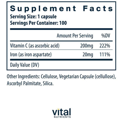 Vital Nutrients Iron Plus C 20mg/200mg 100 Caps