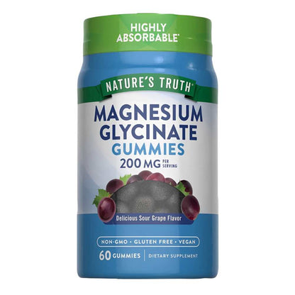 Nature's Truth Magnesium Glycinate Gummies – 200mg Sour Grape Flavor | Vegan, Non-Gmo, Gluten-Free | 60 Gummies