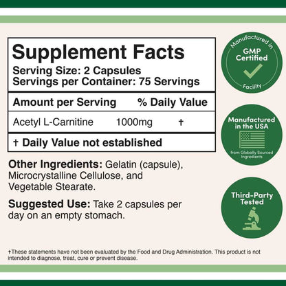 Double Wood Acetyl L-Carnitine – 1000 Mg per Serving – 150 Capsules
