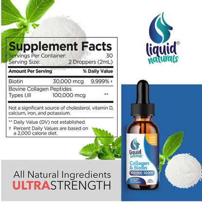 Liquid Naturals Collagen & Biotin – 100,000 Mcg + 30,000 Mcg | Ultra Strength Liquid | 2 Fl Oz