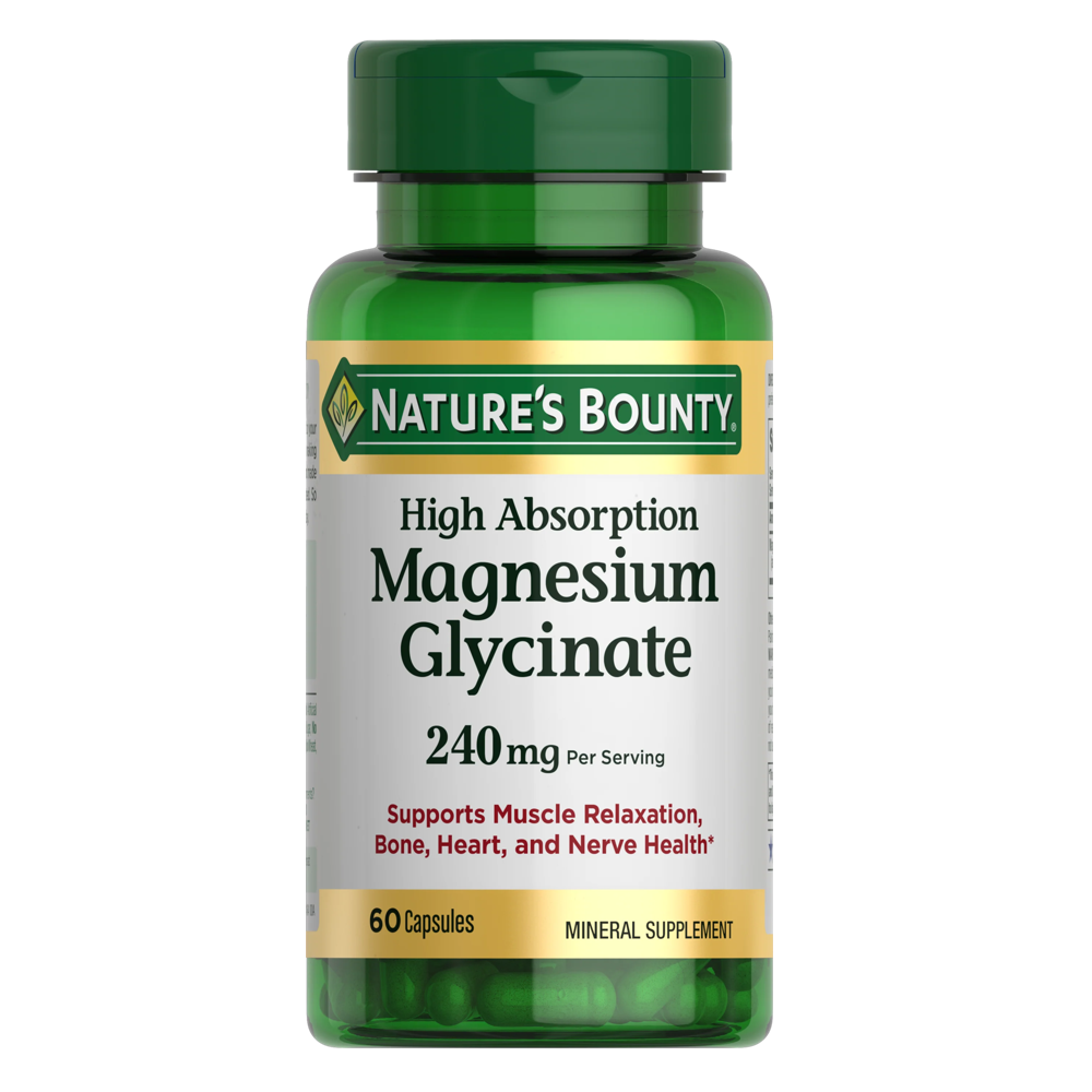 Magnesium Glycinate – Nature's Bounty 240MG Relaxation and Bone, Heart & Nerve Health – Non-GMO, Gluten-Free