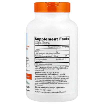 Doctor's Best Collagen Types 1 and 3 and Vitamin C, 2,000 Mg per Serving, 240 Capsules