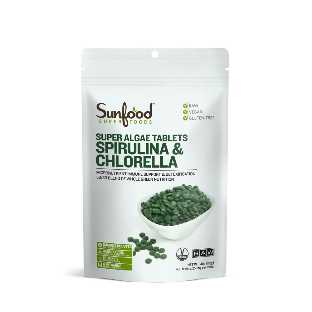 Sunfood Super Algae Tablets With Spirulina & Chlorella 250MG - Immune Booster With Amino Acids