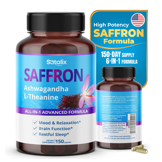 SOTALIX Saffron 14,950mg with Ashwagandha, Ginseng And L-Theanine - For Brain Function & Restful Sleep