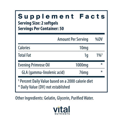 Vital Nutrients Evening Primrose Oil 1000 - Gla 76mg 100 Softgels