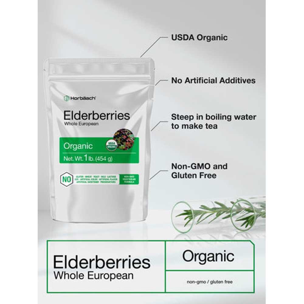 Horbäach Whole Dried Organic Elderberries | 1 Lb Bag