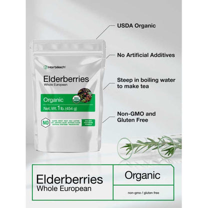 Horbäach Whole Dried Organic Elderberries | 1 Lb Bag