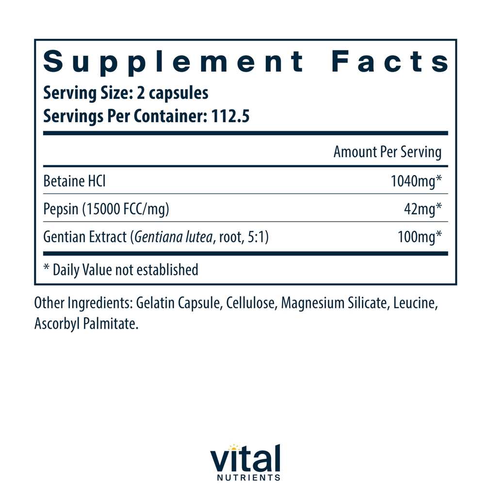 Vital Nutrients Betaine H Cl Pepsin Gentian Root Extract 225 Caps