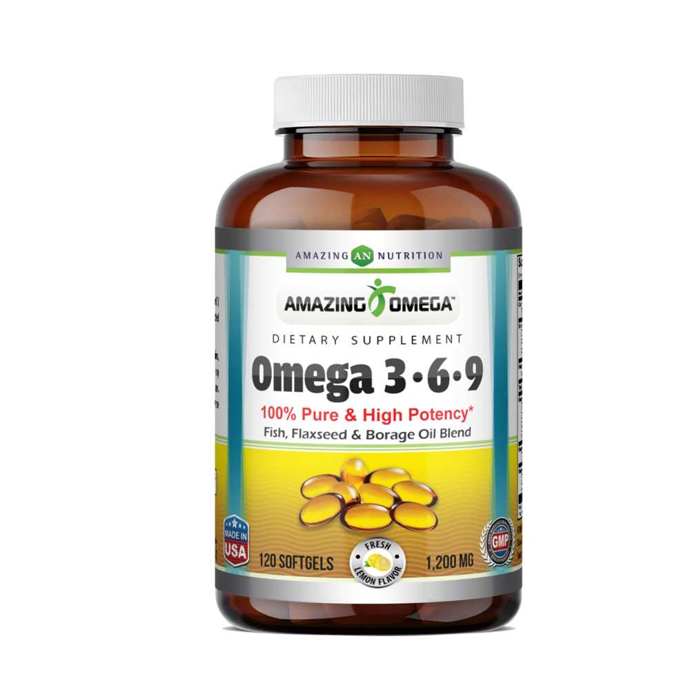 Amazing Omega 3.6.9 3600 Mg per Serving  Lemon Flavor  High & Pure Potency Fish, Flaxseed & Borage Oil Blend 120 Softgels