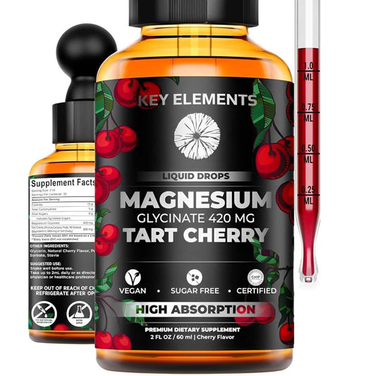 Key Elements Liquid Magnesium Glycinate Drops – 420mg with Tart Cherry | High Absorption | Cherry Flavor | 2 Fl. Oz (60m L)