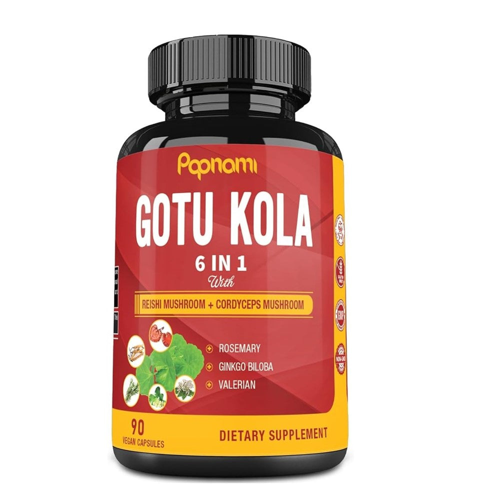 Popnomi 6-in-1 Brain & Wellness Formula – Gotu Kola, Reishi, Cordyceps, Rosemary, Ginkgo & Valerian