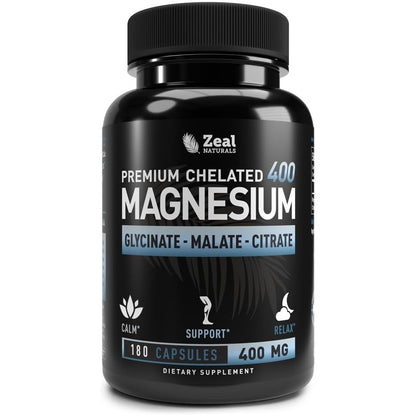 Premium Chelated Magnesium Glycinate - Malate 400MG By Zeal Naturals