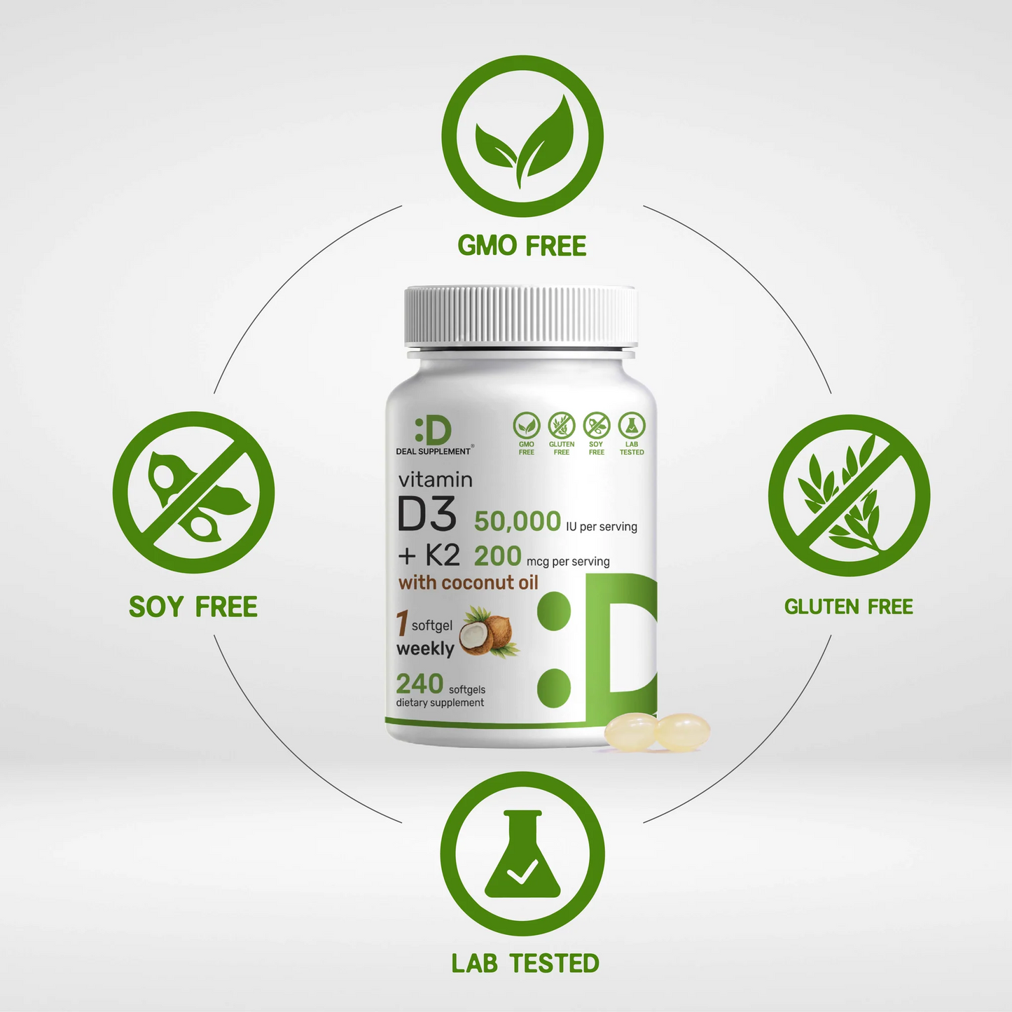 Deal Supplement Vitamin D3 50,000 IU + K2 MK7 200 mcg, 240 Softgels