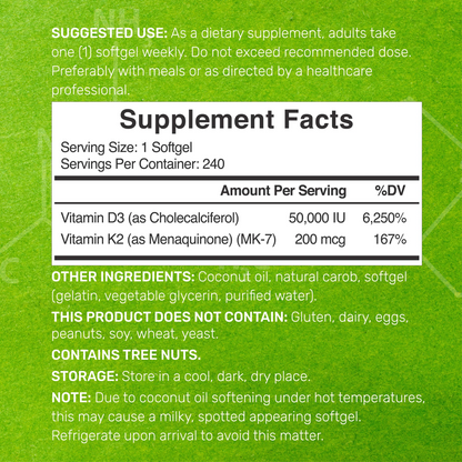 Deal Supplement Vitamin D3 50,000 IU + K2 MK7 200 mcg, 240 Softgels