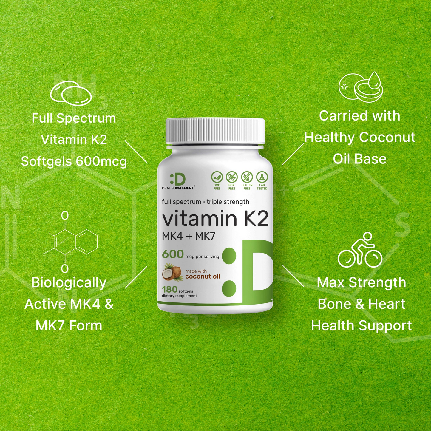Deal Supplement Vitamin K2 600mcg, 180 Virgin Coconut Oil Softgel