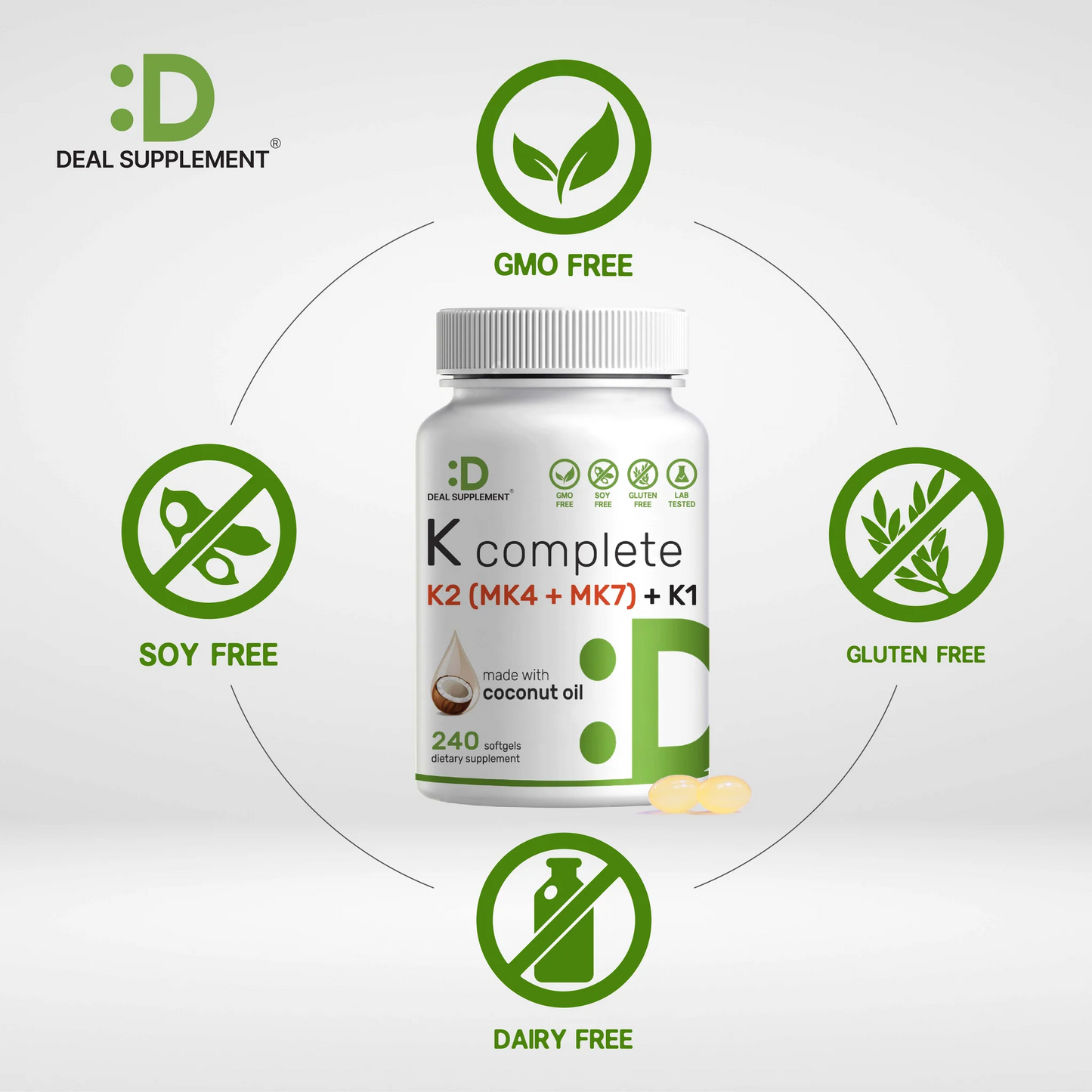 Deal Supplement Premium K Complete - High Potency Vitamin K1, K2 MK-7 & MK-4 Complex, 240 Coconut Oil Infused Softgels
