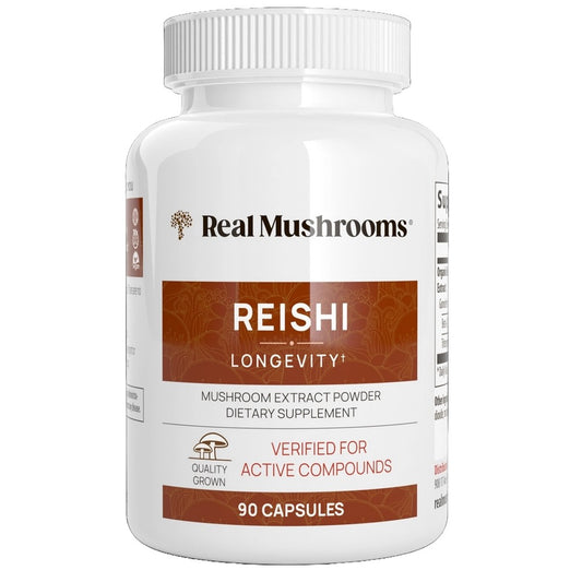 Real Mushrooms Reishi Longevity+ Mushroom Extract Capsules – 90 Capsules | Quality Grown & Verified for Active Compounds