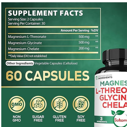 3 In 1 1200mg Magnesium L-Threonate Supplement with Magnesium Glycinate & Magnesium Chelate