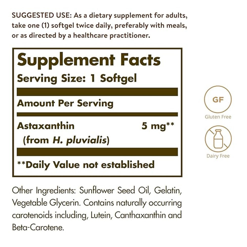 Solgar Natural Astaxanthin 5mg – Antioxidant & Skin Support, Gluten-Free