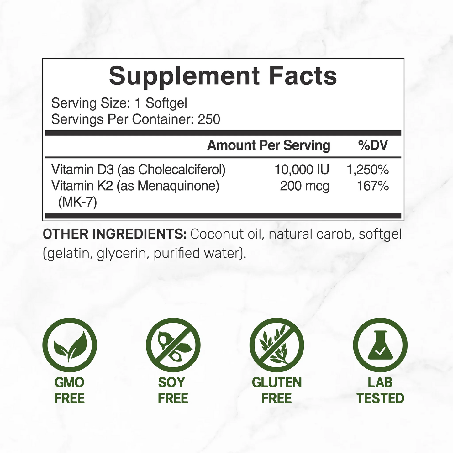 Deal Supplement Vitamin D3+K2 10000 IU with Virgin Coconut Oil, 250 Softgels