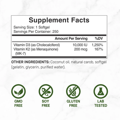 Deal Supplement Vitamin D3+K2 10000 IU with Virgin Coconut Oil, 250 Softgels