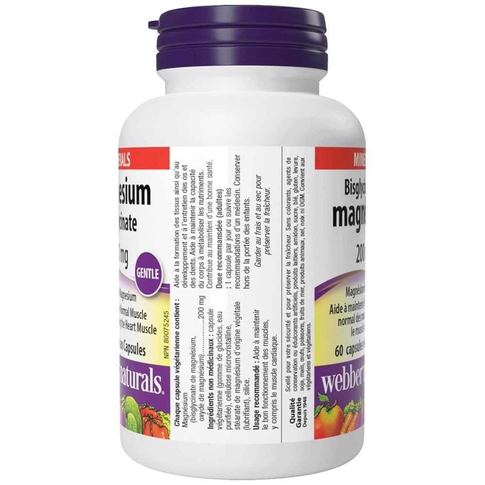 Webber Naturals Magnesium Bisglycinate 200mg – Gentle Formula 60 Capsules