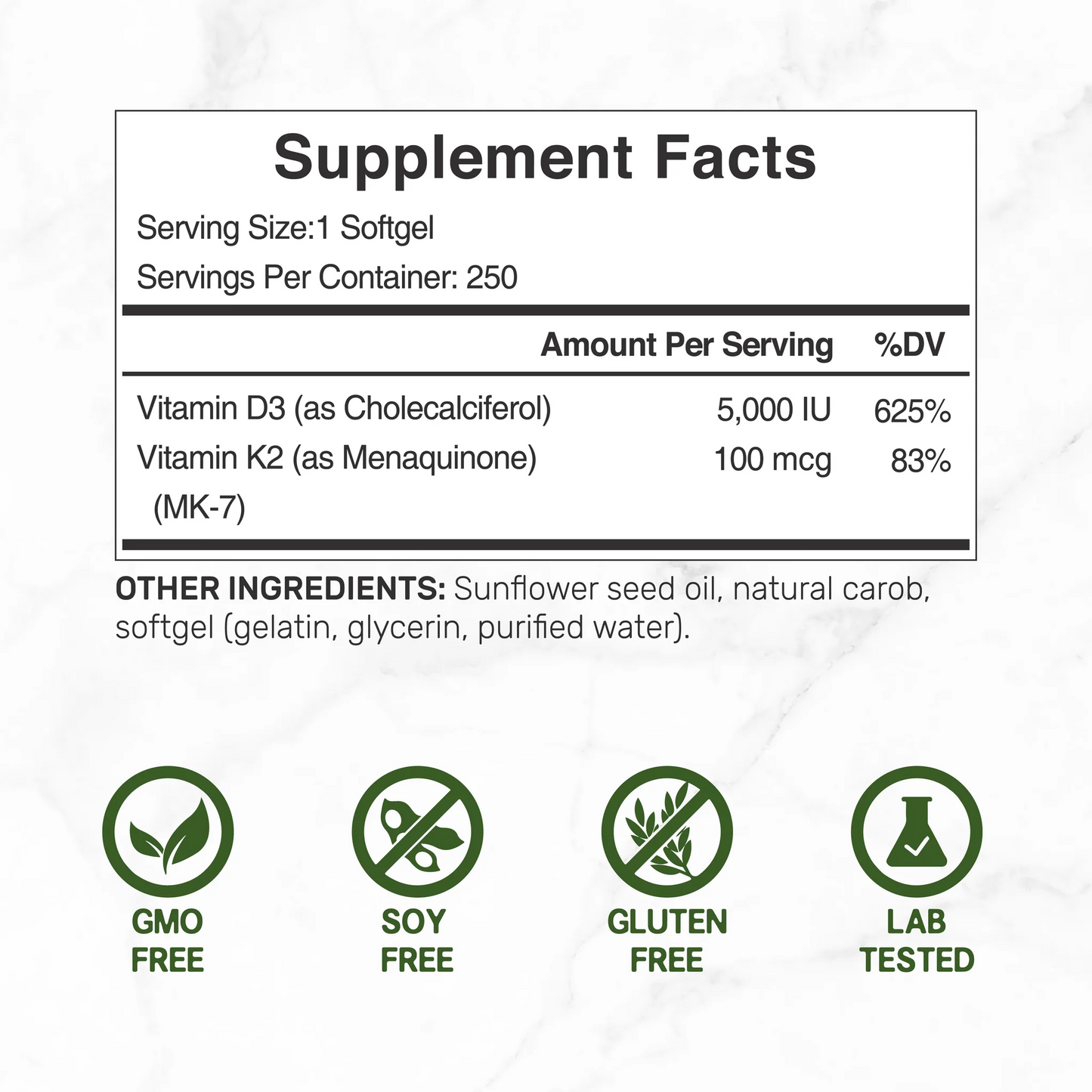 Deal Supplement Vitamin D3 K2 5000IU 250 Softgels