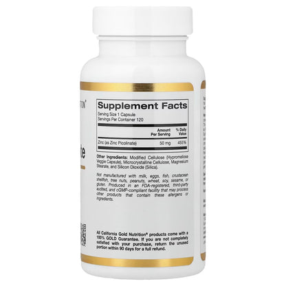 California Gold Nutrition, Zinc Picolinate, 50 Mg, 120 Veggie Capsules