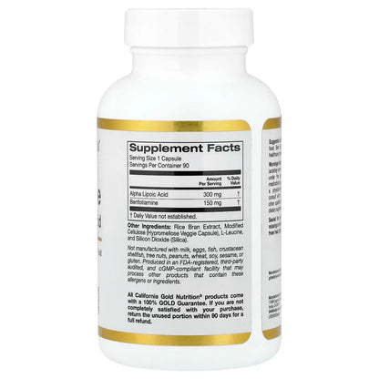 California Gold Nutrition Benfotiamine + Alpha Lipoic Acid – Supports Glucose Metabolism – 90  Capsules