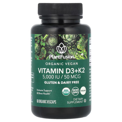 PlantFusion Vegan Vitamin D3 + K2 5000 IU – 60 Organic Capsules