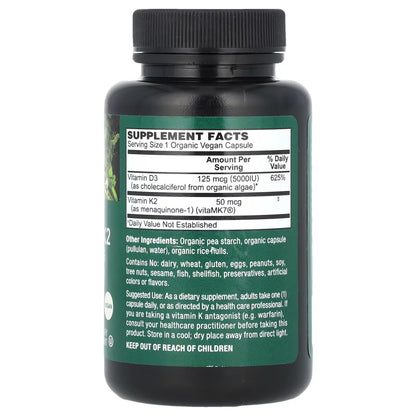 PlantFusion Vegan Vitamin D3 + K2 5000 IU – 60 Organic Capsules