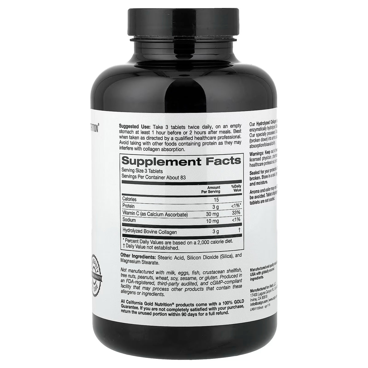 California Gold Nutrition – Hydrolyzed Collagen + Vitamin C | 250 Tablets | Skin & Joint Support