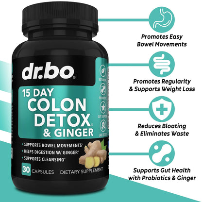 Dr.Bo 15 Day Colon Detox & Ginger Supports Cleansing 30 Capsules Dietary Supplement