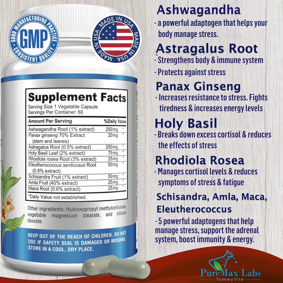 Adaptogen Stress Relief Immune Support Formula with Ashwagandha, Astragalus, Ginseng 60 Capsules