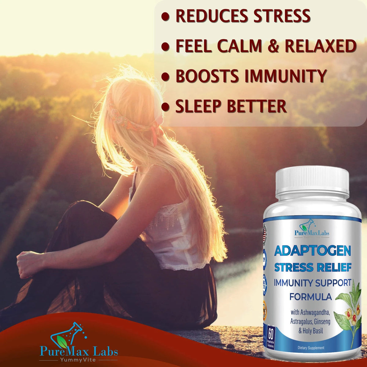 Adaptogen Stress Relief Immune Support Formula with Ashwagandha, Astragalus, Ginseng 60 Capsules