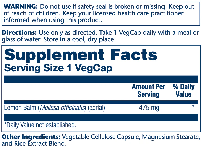 Solaray Lemon Balm Aerial 475mg 100 Caps