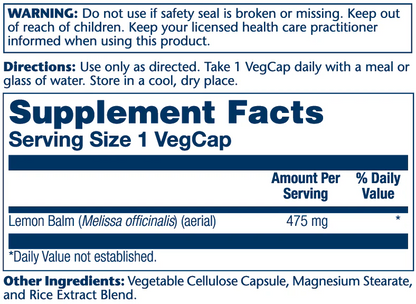 Solaray Lemon Balm Aerial 475mg 100 Caps